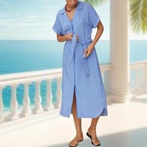 Mango size 6 blue/white striped midi shirt dress